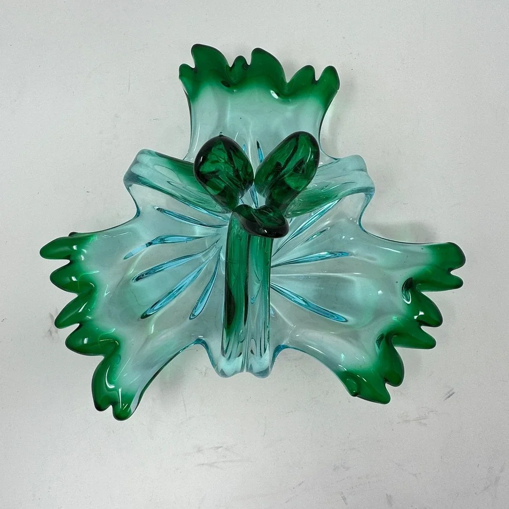Vintage Murano Style Art Glass Basket Aqua Blue Emerald Green Hand Blown MCM 11